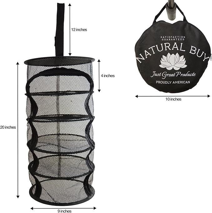 9 Inch 5 Level Micro Hanging Dry Net Indoor/Closet Drying Rack for Herbs, Plants, Organizer, Freshner - Black Mash Screen with Top-to-Bottom Zipper - Apartment Size with Zipped Storage Pouch