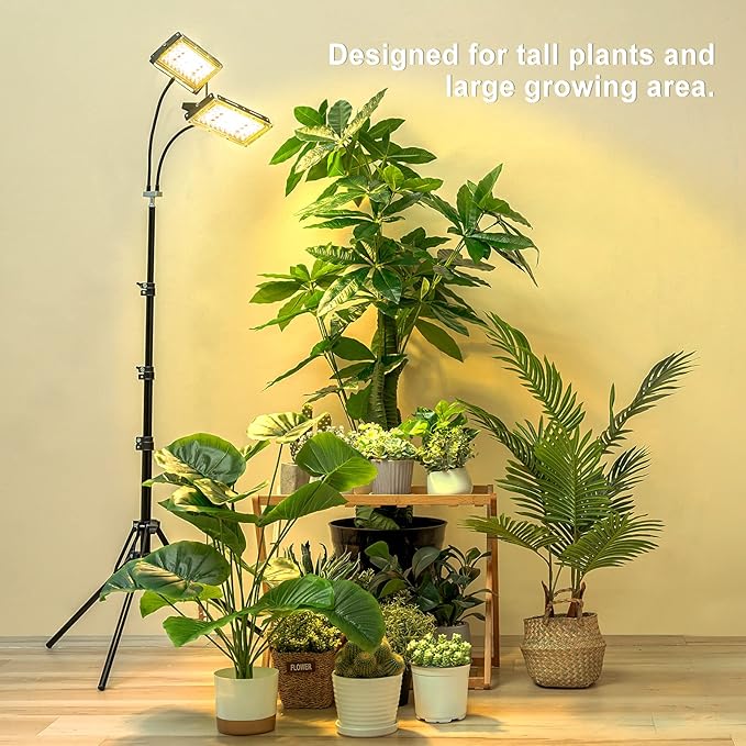 LBW Grow Light for Indoor Plants, Dual Heads Full Spectrum LED Plant Light with Stand, Auto On/Off Timer, 6 Dimmable Levels, 3 Switch Modes, Adjustable Tripod Stand 15-63 inches