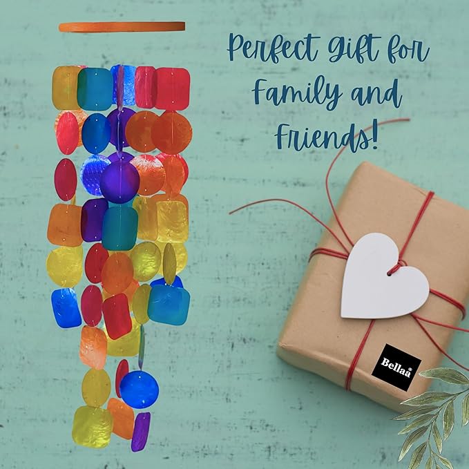 Bellaa Handmade Wind Chimes Outdoor, Musical, Garden Decorations, Beach, Ocean, Breeze, Gifts for Mom, Outside Windchimes, 63pcs, Capiz, Shells, Sea, Glass, Wood, Rainbow