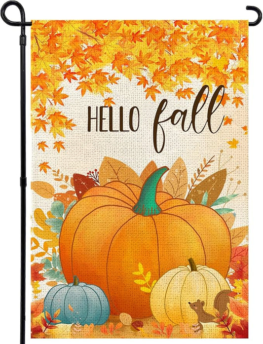 Hello Fall Pumpkin Leaf Garden Flag 12x18 Inch, Double Sided Autumn Thanksgiving Holiday Burlap Yard Flag for Outdoor Decoration