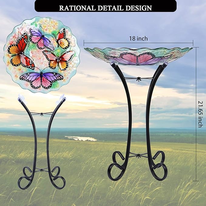 Glass Bird Bath Outdoor with Metal Stand for Lawn Yard Garden Decor Butterfly Bird Feeder