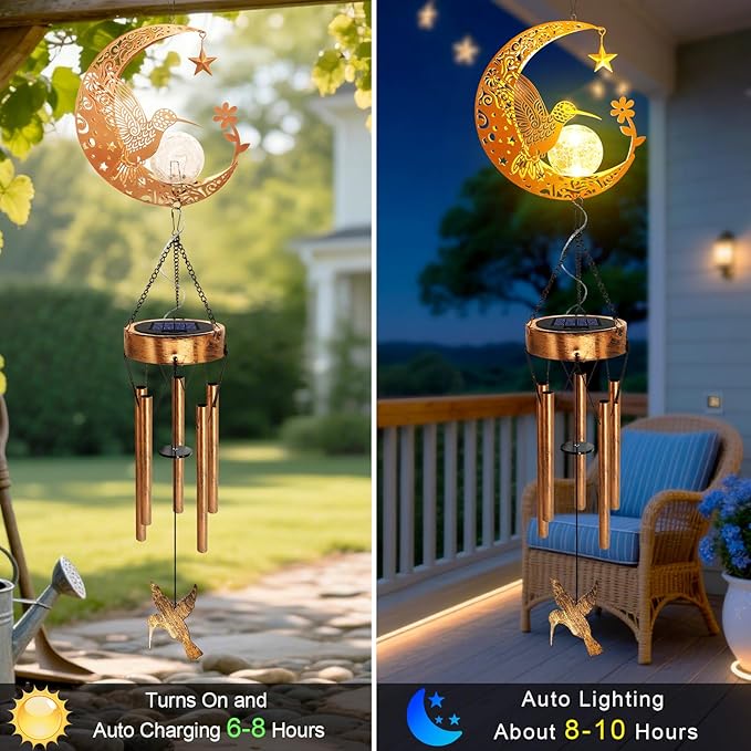 Solar Moon Hummingbird Wind Chimes, Hummingbird Gifts for Mom Women Men Birthday Mothers Day, Hanging Outdoor Decor Cracked Glass Ball Memorial Wind Chimes, Garden Patio Porch Decor