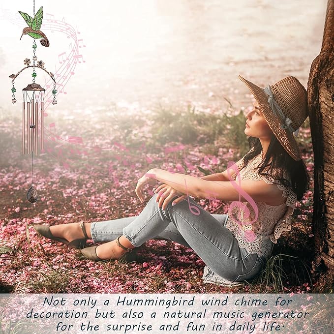 Wind Chimes - Green Hummingbird Wind Chimes for Outside Deep Tone 34 inches 5 Aluminum Tubes, Birthday, Memorial, Hummingbird Gifts for Mom, Grandma, Decorations for Home, Garden, Patio, Backyard
