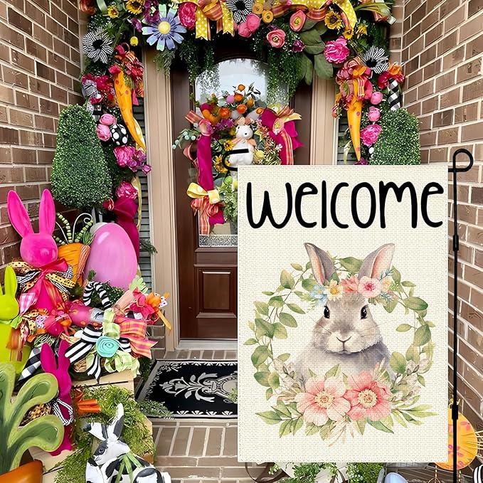 Happy Easter Wreath Bunny Garden Flag 12x18 Inch Double Sided, Easter Holiday Yard Outdoor Decoration, Outside Farmhouse Holiday Decors for Spring