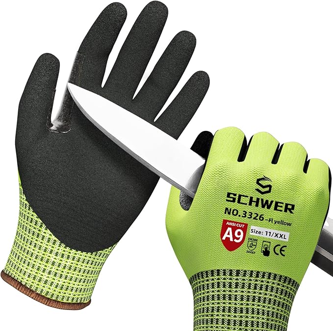 Schwer ProGuard Highest Level Cut Resistant Work Gloves PR3326 for Extreme Protection，ANSI A9 Cut Gloves with Reinforced Thumb, Non Slip, Breathable, Cooling, Durable, Touch-screen, Yellow 1 Pair XXL