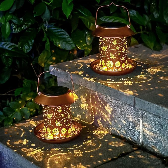 2 Pack Solar Bird Feeders for Outdoors Bee Solar Lanterns for Women Men Hanging Outdoor Lights Waterproof Metal Decoration for Patio, Yard, Lawn, Pathway, Garden Decor