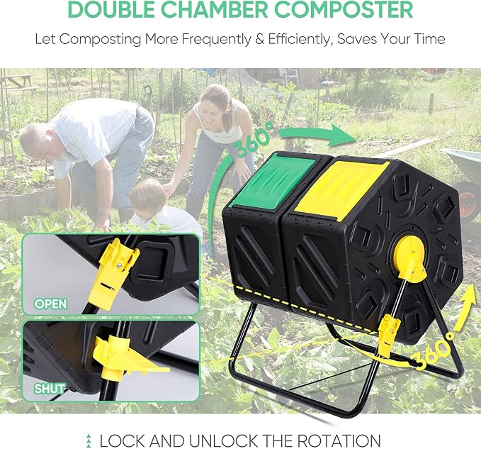 37 Gallon Compost Bin Outdoor BPA Free Dual Chamber Tumbling with 2 Sliding Doors, All-Season, Heavy-Duty, High Capacity Composter