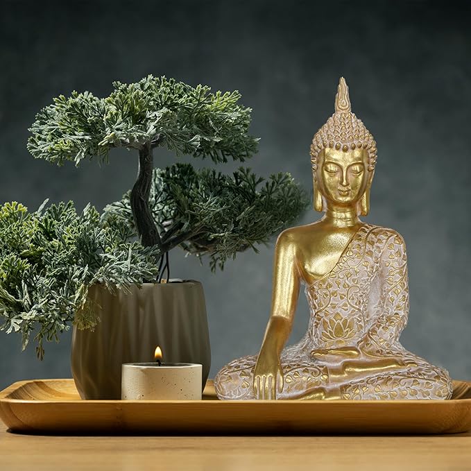 Buddha Statue Outdoor,Zen Garden Decor Buddha Sculpture for Home Meditation Decor Buda Decoration for Patio Desk Porch Yard Art Resin Decoration (Golden)