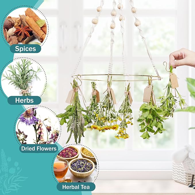 Herb Drying Rack with Decorative Tassels, 2-Pack Includes 20 Golden Hooks, 25 Gift Tags & 32ft Jute Twine - Hanging Herb Dryer for Kitchen, Garden, Home Decor
