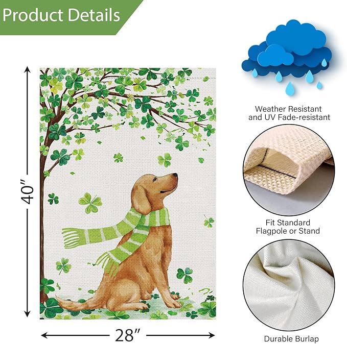 Louise Maelys St. Patrick's Day Garden Flag Lucky Clover Golden Retriever Welcome Double Sided 28x40 Inch Large Burlap Spring Holiday Yard Sign Outdoor Outside Home Decor