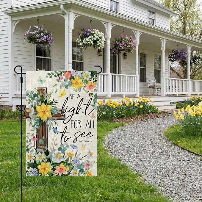 CROWNED BEAUTY Spring Garden Flag Floral Cross 12x18 Inch Double Sided Small Seasonal Holiday Religious Decoration for Outdoor Lawn Yard