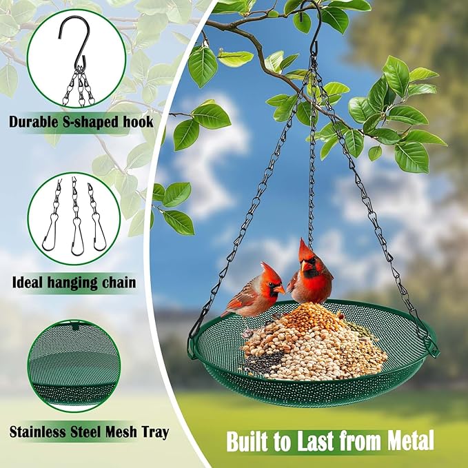 Platform Hanging Bird Feeder for Outdoors – Metal Mesh Seed Tray to Attract Wild Birds, Round 12 in, Green