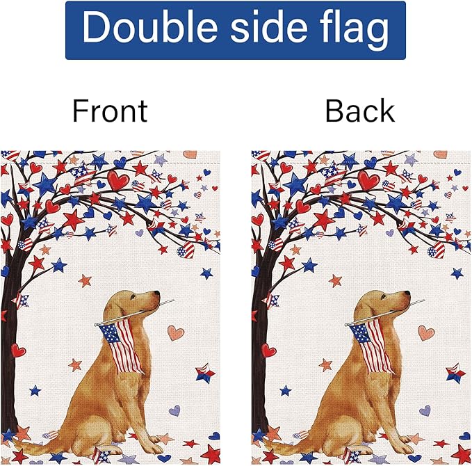 Louise Maelys 4th of July Garden Flag 28x40 Double Sided, Small Burlap Welcome Patriotic Golden Retriever Dog Yard House for Memorial Veterans Independence Day Outdoor Decor