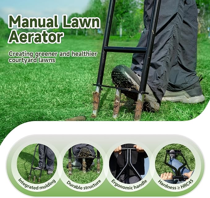 Heavy Duty Manual Lawn & Grass Aerator Tool - One-Piece Frame & Non-Clogging Semi-Open Plugs for Durable, Effortless Aeration, 1 Pack