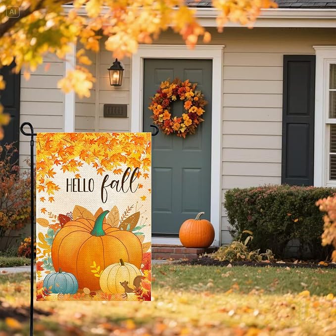 Hello Fall Pumpkin Leaf Garden Flag 12x18 Inch, Double Sided Autumn Thanksgiving Holiday Burlap Yard Flag for Outdoor Decoration