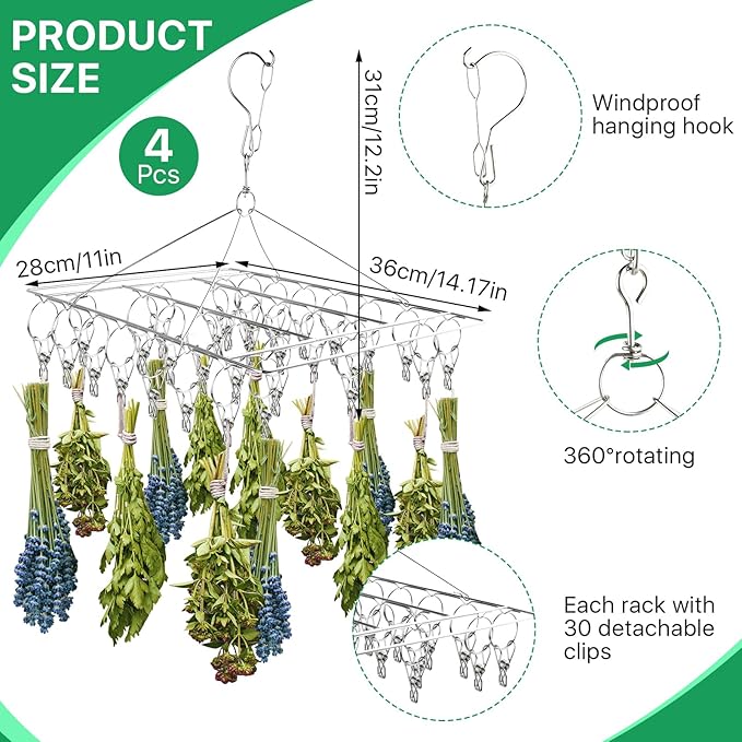 4 Pack Hanging Herb Drying Rack, Stainless Steel with 30 Hooks - Space Saving Herb Dryer for Fresh Herbs, Flowers, Tea & Culinary Herbs - Rustproof Kitchen & Garden Drying Rack