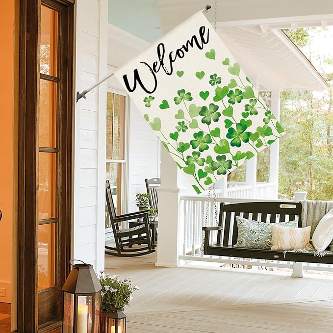 AVOIN colorlife St Patricks Day Welcome House Flag 28x40 Inch Double Sided Outside, Shamrocks Clovers Floral Yard Outdoor Decoration