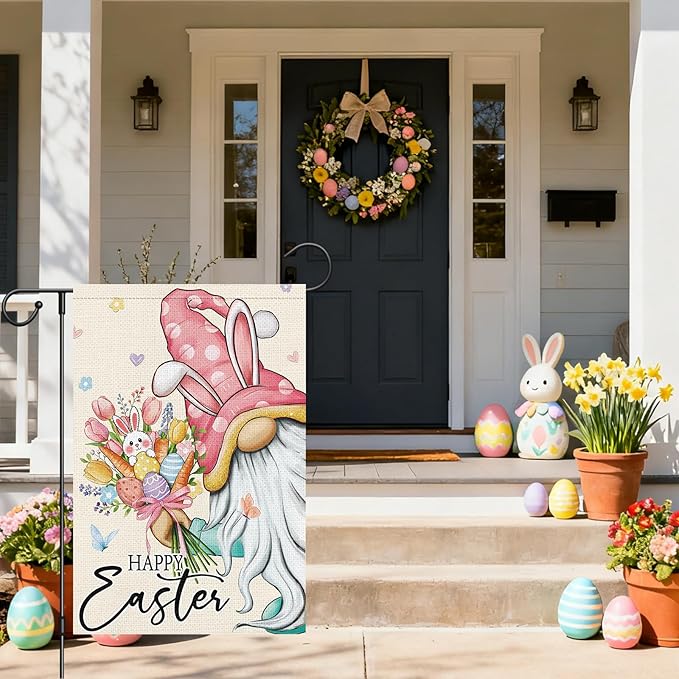 Heyfibro Happy Easter Bunny Gnome Garden Flag 12x18 Double Sided Burlap, Cute Rabbit & Egg Floral Outdoor Yard Banner for Spring Holiday Farmhouse Yard Outdoor Decor(ONLY FLAG)