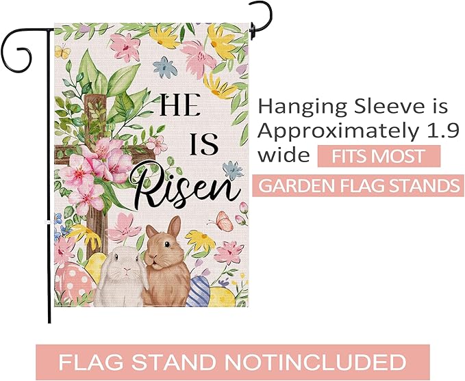 Easter Bunny Flag 12x18 Inch Double Sided Outside, He Is Risen Easter Flag Lamb Flowers Cross Decorations Outdoor Yard Burlap