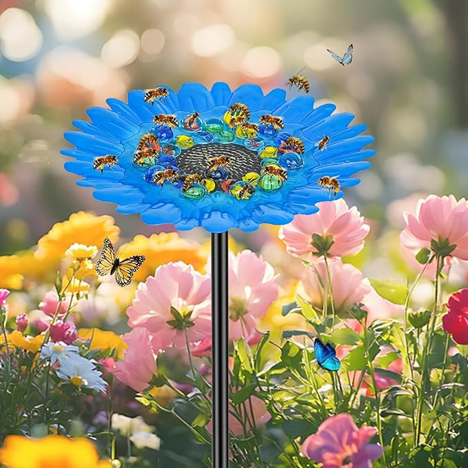 Bee Watering Station Feeder, Metal Butterfly Water Feeder with 30 Colorful Glass Marbles, Bee Waterer Feeder for Butterfly Bird Garden Outdoor Decors (Blue Chrysanthemum)