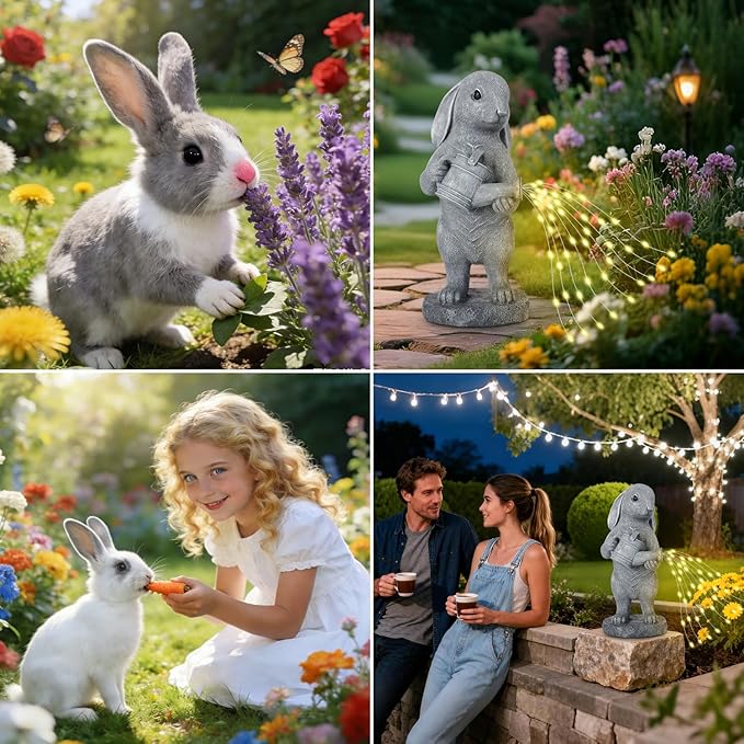 Garden Statues Dog Statue with Solar LED Light, Ideal Gifts for Friends or Family's Birthday, Outdoor Decorations for Yard (Water-Sprinking Rabbit)