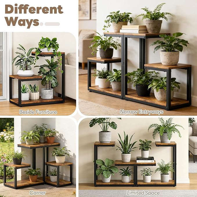 3 Tier Plant Stand Indoor, Thickened Metal Wood Corner Plant Shelf Stands for Multiple Plants, Indoor Tall Plants Stand Tiered Flower Holder for Living Room Patio Garden Balcony(Black+Brown)