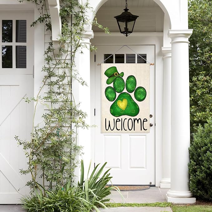 Welcome St Patricks Day House Flags for Outdoor Decoration, Dog Paw with Green Hat Lucky Shamrocks Large Yard Flag, Decorative Irish Celebration Decor for Seasonal Farmhouse Holiday Outside