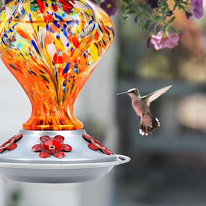 Hummingbird Feeders for Outdoors Hanging, BOLITE Glass Hummingbird Feeder, Hand Blown Twisted with Ant Moat and Five Feeding Ports, 24 Ounces, Leak Proof, Orange, Gifts for Women Men