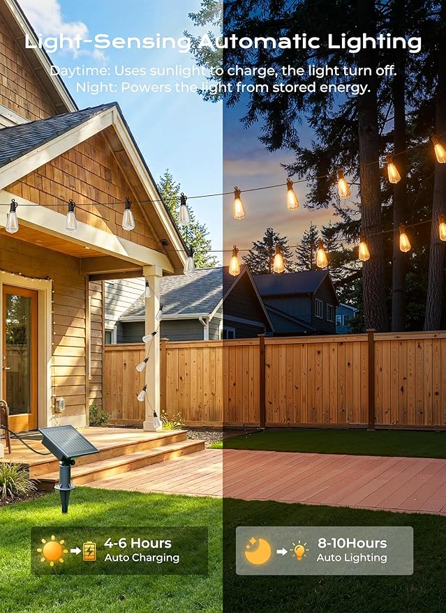 Brightown 58FT Solar String Lights Outdoor Waterproof, Patio Lights with Remote and 25+1 LED Shatterproof Bulbs, Dimmable & Timable, 3 Light Modes, Solar Lights Outdoor for Yard Camping Party Outside