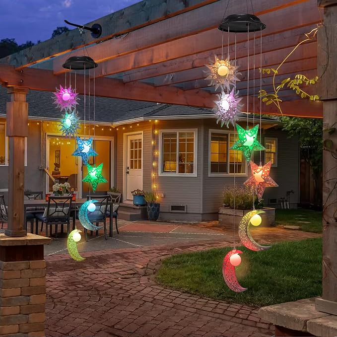 Tryme Solar Wind Chimes with Sun Moon Star Color Changing Windchimes, Outdoor Hanging Lights, Garden Decor Gifts for Mom, Grandma, Wife, Neighbors