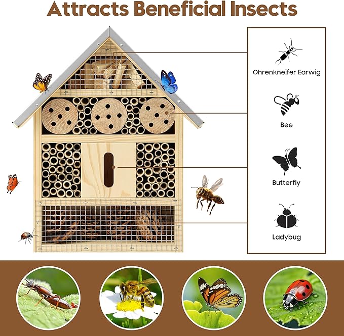 UUMENHA Insect Hotel & Mason Bee House - Butterfly House,Multi-Functional Bee Hotel for Garden, Attract Pollinators,Durable Natural Wood Design,4.13×2.56×10.63 inches