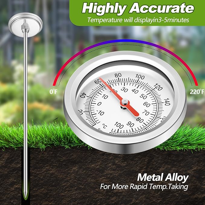 Compost Thermometer 39.4 Inch Stem Composting Soil Thermometer Waterproof Soil Temperature Thermometer, Fahrenheit and Celsius, Stainless Steel, with Composting Temperature Guide