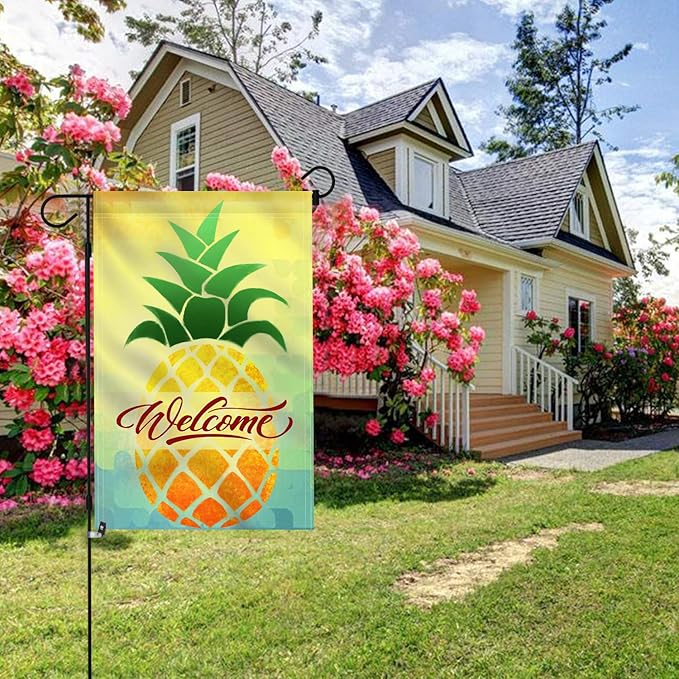 Anley Double Sided Premium Garden Flag, Cartoon Pineapple Welcome Spring Summer Decorative Garden Flags for Home Decor - Weather Resistant & Double Stitched Yard Flags - 18 x 12.5 Inch