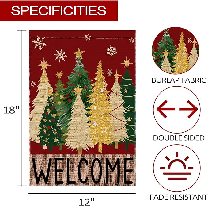 Merry Christmas Garden Flag, Christmas Trees Yard Flag 12x18 Double Sided Red Outdoor Decorations, Winter Trees Holiday Decor Welcome Burlap Garden Flag Rustic Outdoor Farmhouse Xmas for Porch Yard