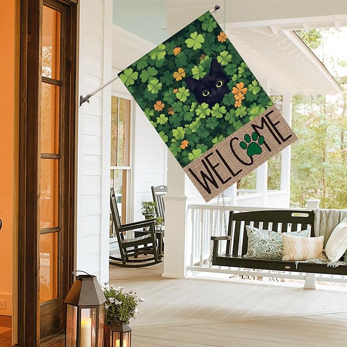 AVOIN colorlife St Patricks Day House Flag 28x40 Inch Double Sided Outside, Black Cat Welcome Shamrocks Holiday Yard Outdoor Flag