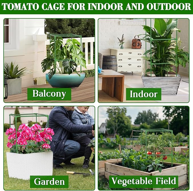 ZeeDix 2 Pack Heavy Duty Tomato Cages for Garden 60 Inches, Square Adjustable Tomato Trellis Cage Climbing Plant Support Trellis Plant Cages for Climbing Vegetables Flowers with 20Pcs Clips