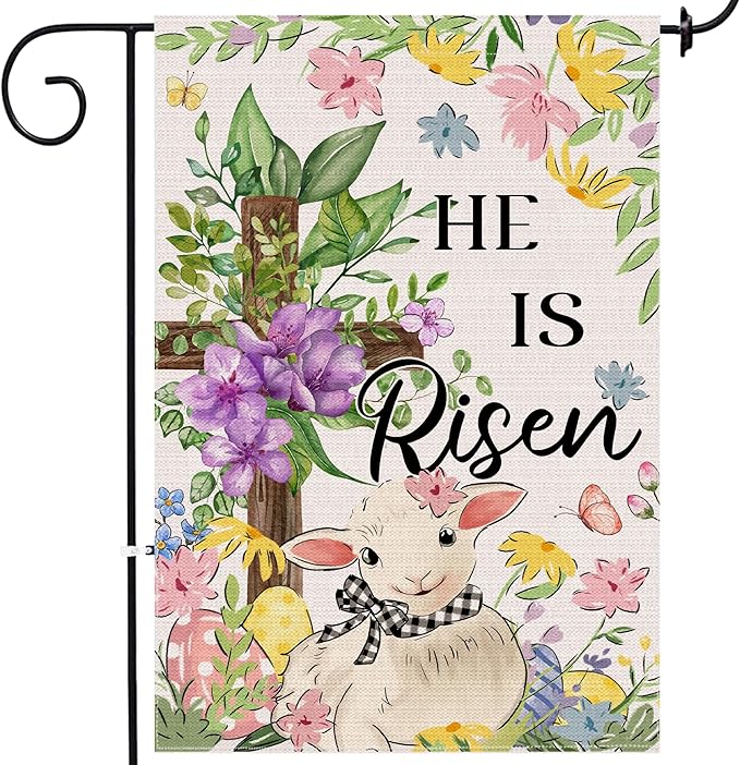Easter Garden Flag 12x18 Inch Double Sided Outside, He Is Risen Easter Flag Burlap Lamb Flowers Cross Decorations Outdoor Yard