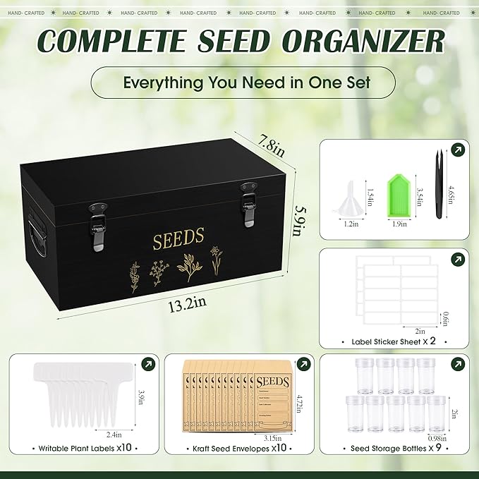 Bamboo Seed Storage Organizer, Large Garden Seed Organizer with Lid & Safety Lock & Handles, Seed Box Storage Organizer Includes Seed Envelopes and Labels etc, Great Gifts Gardening Kit (Black)