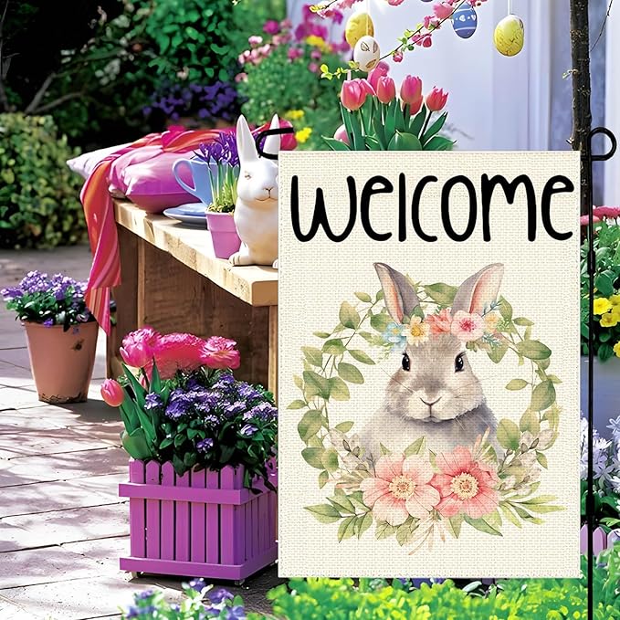 Happy Easter Wreath Bunny Garden Flag 12x18 Inch Double Sided, Easter Holiday Yard Outdoor Decoration, Outside Farmhouse Holiday Decors for Spring