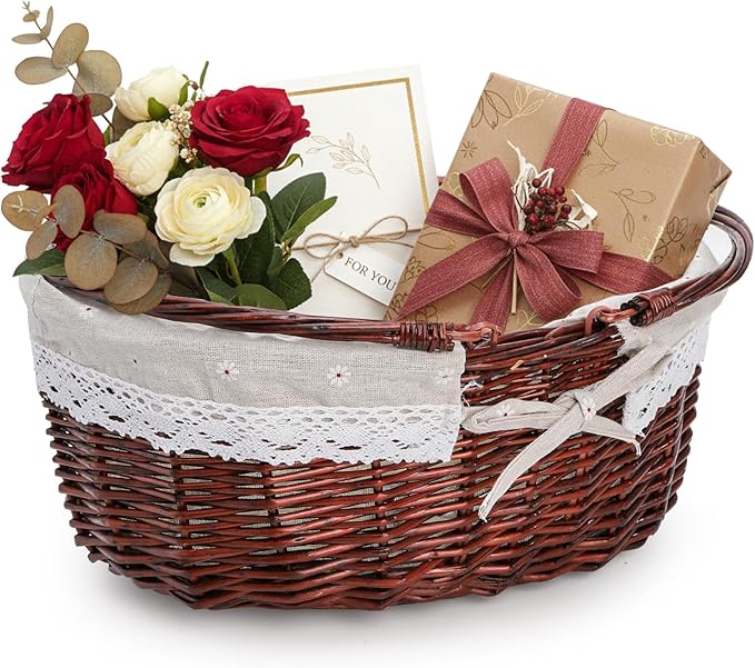 Dicunoy Wicker Picnic Basket with Handle, Large Empty Gift Basket to fill, Open Top Market Harvest Baskets for Garden, Fruit, Candy, Wine, Egg Gathering, Wedding, Vegetables