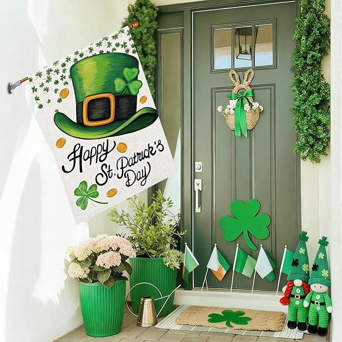 Happy St Patricks Day House Flag Burlap 28x40 Double Sided, Green Hat Shamrocks Lucky Clover Holiday Party Sign Large Flags Yard Outdoor Decorations DF660-28