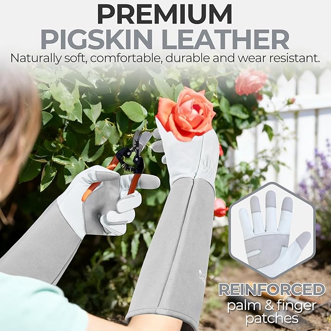 HANDLANDY Long Gardening Gloves for Men & Women, Thorn Proof Rose Pruning Gloves Leather Gauntlets Garden Glove Yard Work Glove (Silver Gray, Large)