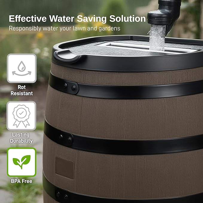 RTS Home Accents Premium 55-Gallon Rain Barrel with Removable Lid, Flat Back Rain Water Collection Barrel, Woodgrain with Black Stripes