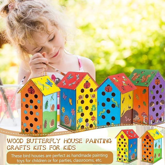 DoubleFill 24 Pack Wood Ladybirds House Painting Crafts Kits My First Ladybugs House DIY Art Craft Kit with Hemp Rope DIY Cedar Wooden Birdhouse for Building Bee Butterfly Habitat, No Paint
