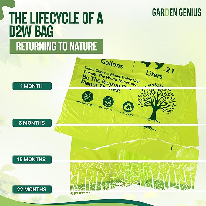 Biodegradable 13-Gallon Kitchen Waste Bags (50-Pack) | Strong, Heavy-Duty Tall Trash Bags w/Drawstring | Fits Most Standard 13-Gallon (49.21 L) Cans | Eco-Friendly D2W, 30 Microns Thick, 29.5" x 24"