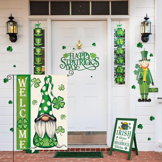 AVOIN colorlife Welcome St Patricks Day Garden Flag 12x18 Inch Double Sided, Leprechaun Gnome Shamrock Lucky Clover Holiday Yard Outdoor Flag