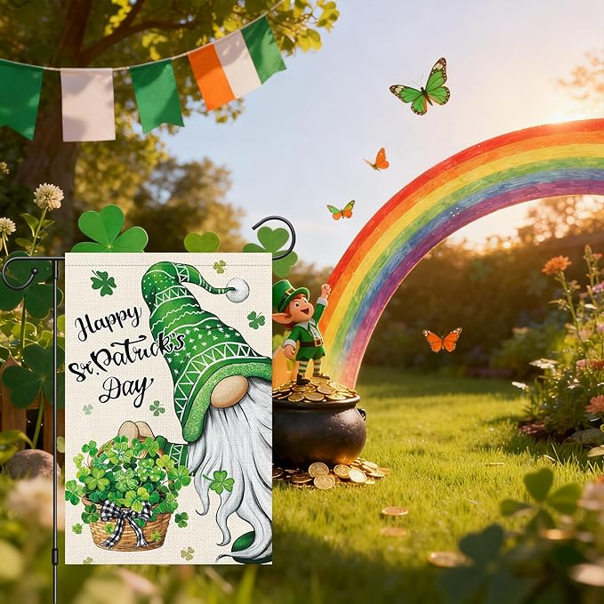Heyfibro Happy St. Patrick's Day Gnome Garden Flag 12x18 Double Sided Burlap, Shamrock Basket Yard Flag for Spring Seasonal Irish Holiday Farmhouse Yard Outdoor Decor(ONLY FLAG)