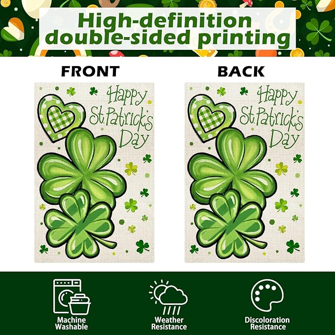 Nanafast Happy St. Patrick's Day Garden Flag Double Sided 12x18 Inch Shamrock Clover Garden Flags for Outside Yard Decoration