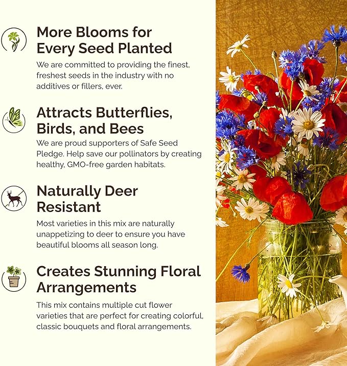 Eden Brothers Vermont Wildflower Mixed Seeds for Planting, 1 lb, 480,000+ Seeds with Cosmos, Cornflower | Attracts Pollinators, Plant in Spring or Fall, Zones