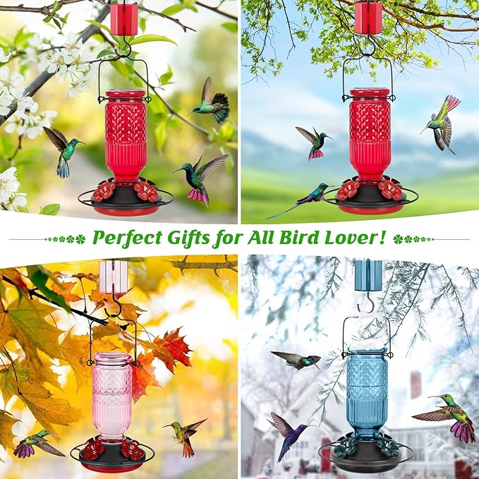 FEED GARDEN Glass Hummingbird Feeder for Outdoors Hanging, 16 OZ Humming Birds Feeders with 4 Bee Guard Feeding Ports & Built-in Ant Moat, Hummingbird Gifts for Mom, Bird Feeder for Outside, Blue